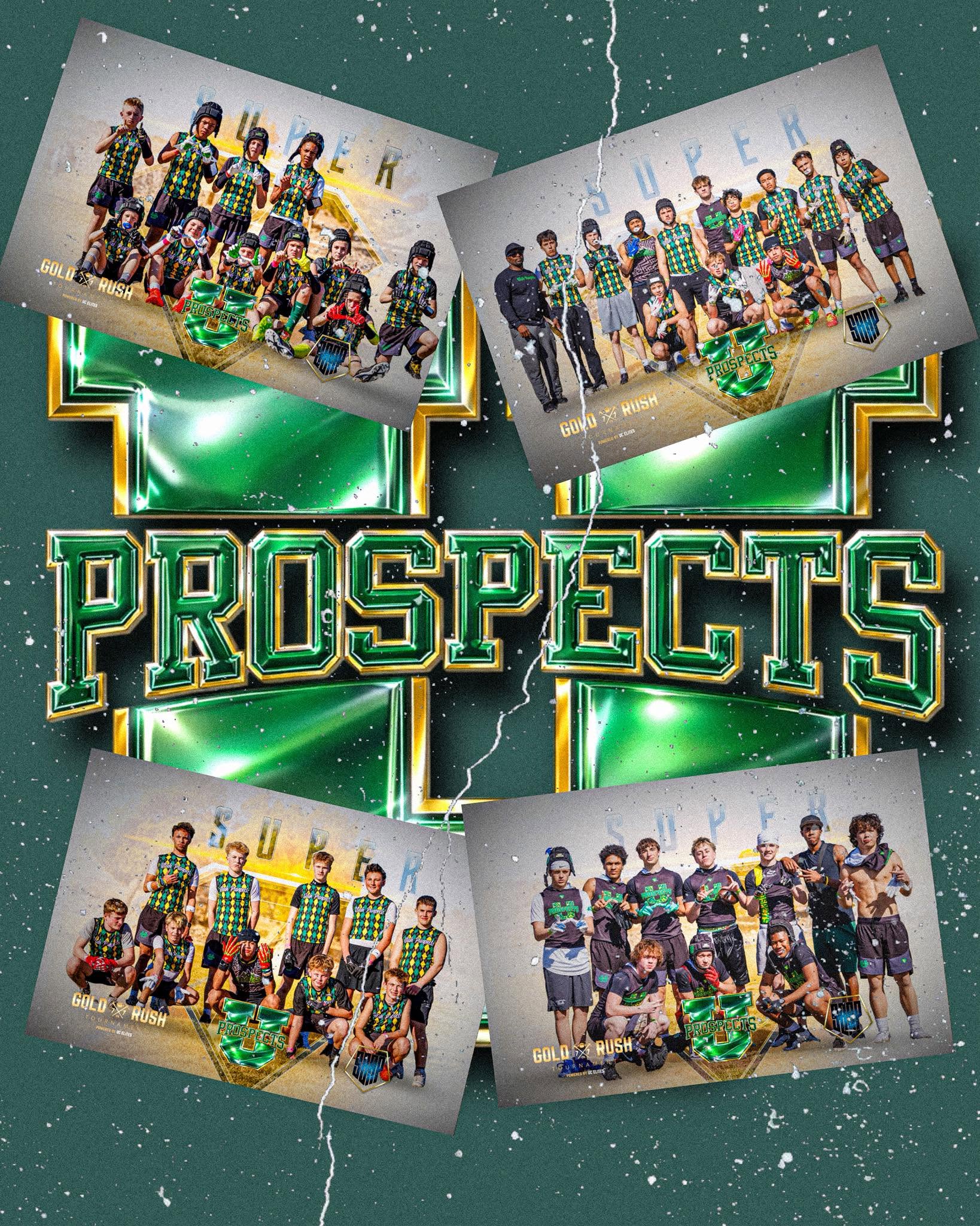 Super U Prospects Gold Rush tournament collage — four Prospects team photos around the metallic U Prospects logo