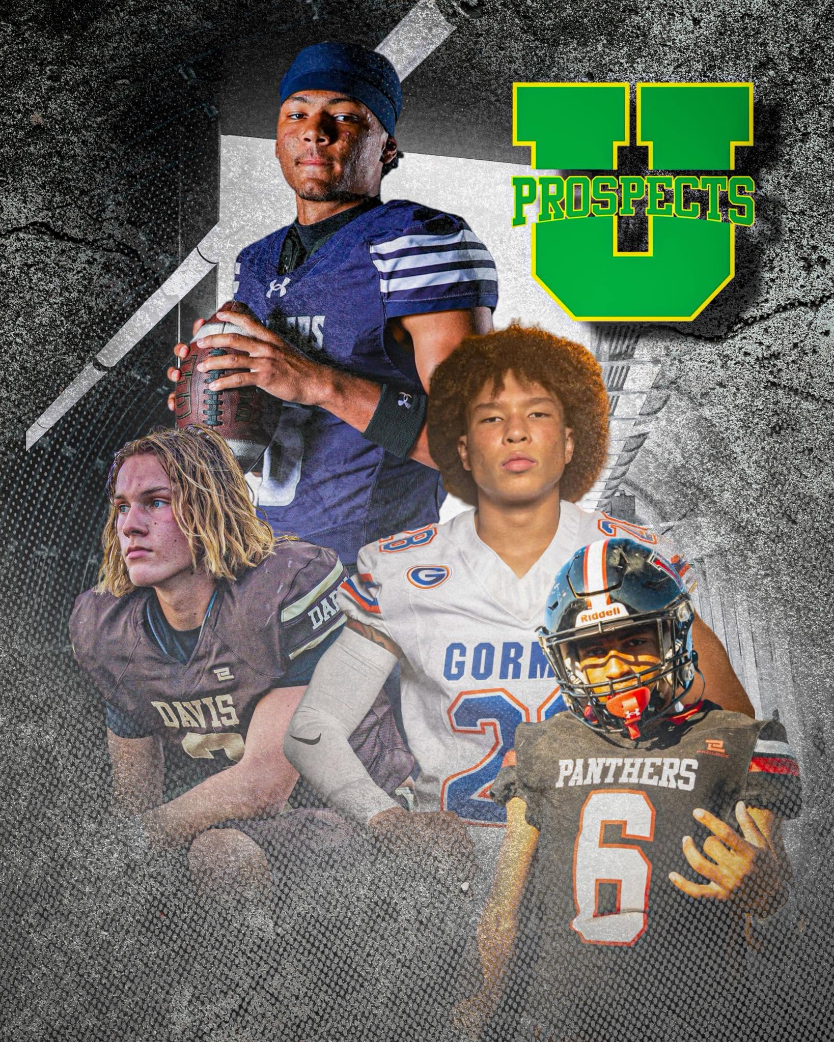 Poster collage of Utah Prospects players in their Davis, Gorman and Panthers school jerseys with the U Prospects logo